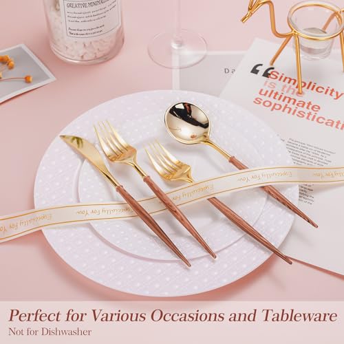 Gold Plastic Cutlery Set with Wooden Grain Handles - 240pcs - Elegant Disposable Utensils