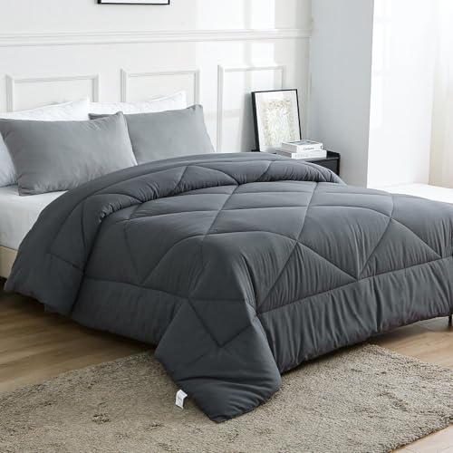 Grey Queen Size Cotton Comforter All Seasons - 100% Natural Fill, Lightweight & Breathable