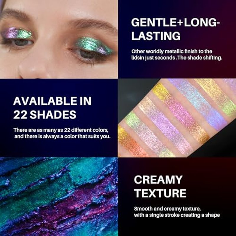 CHARMACY 3 Pcs Multichrome Liquid Metallic Eyeshadow, Chameleon Shifting Color, Holographic Glitter Eyeshadow, Long Lasting Wear, Vegan Eye Topper for Party, Daily Makeup #301