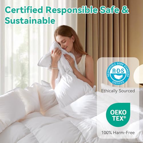 Oversized King Goose Feather Down Fiber Comforter - All-Season Fluffy Duvet with Corner Loops - White