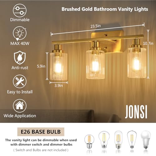 Jonsi 3-Light Brushed Gold Bathroom Vanity Light with Fluted Glass Shades - 23.5 Inch