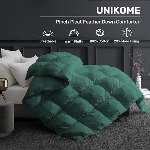 Queen Size Goose Feather Down Fiber Comforter - Green, Pinch Pleat Design