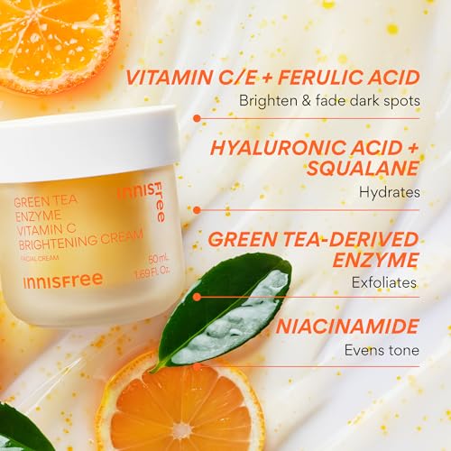 Innisfree Green Tea Enzyme Vitamin C Brightening Cream 50ml - Korean Face Moisturizer with Hyaluronic Acid for Dark Spots & Radiance