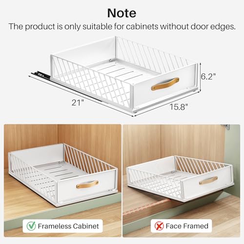 Pull Out Cabinet Organizer 15.8W x 21D x 6.2H Inches White - Heavy Duty Slide Out Shelves with Handle, Nano Film, No Drill Needed (1 Pack)