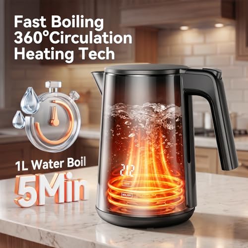 YPJKR Electric Kettle 1.0L, 1200W, 7 Temp Settings, Black – Keep Warm 4H