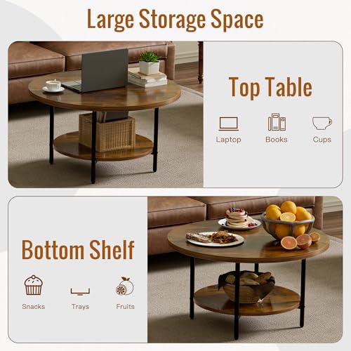 Round Coffee Table 27.6 Inches - Rustic Brown, 2-Tier Storage, Adjustable Feet