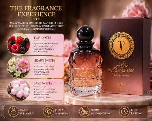 Pink Marshmallow Blush Perfume for Women - 3.4 Fl Oz Long Lasting Arabian Gourmand Fragrance - Romantic Vanilla Strawberry Scent - Variation: Pink Blush