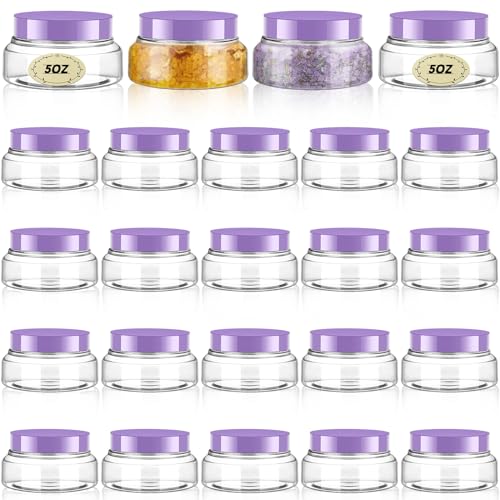 24 Pack 5 oz Clear Purple Plastic Cosmetic Jars with Lids & Labels - Reusable