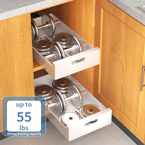 White 21-Inch Deep Pull Out Cabinet Organizer with Adhesive - 10-Inch Wide Steel Drawers, for Frameless Cabinets - 2 Pack