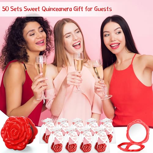 Red Rose Quinceañera Party Favors Set - 50 Compact Mirrors & Accessories