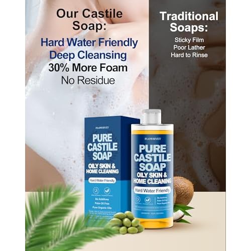 Pure Castile Soap Liquid Unscented 33.8 fl oz, Organic Body Wash£¬Bath Soap Castile Liquid, Hard Water Friendly for Sensitive & Oily Skin for Body£¬Face, Hand, Multi-Purpose Home Cleaner 1L