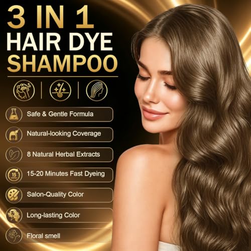 Light Brown Hair Dye Shampoo for Gray Coverage - 3 in 1 Hair Color Shampoo - Gentle & Natural Formula