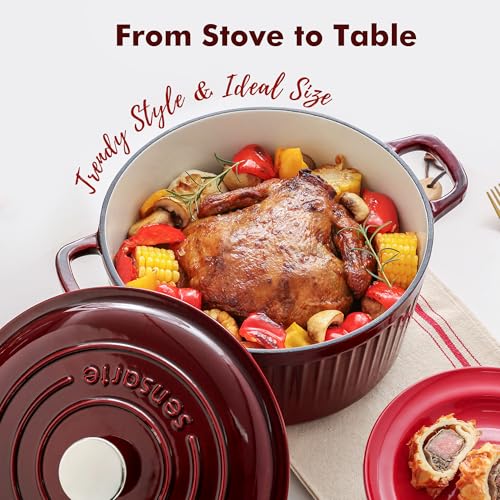 Enamel Cast Iron Dutch Oven Pot with Lid & Cotton Potholders - Burgundy Red, 6.5 Qt