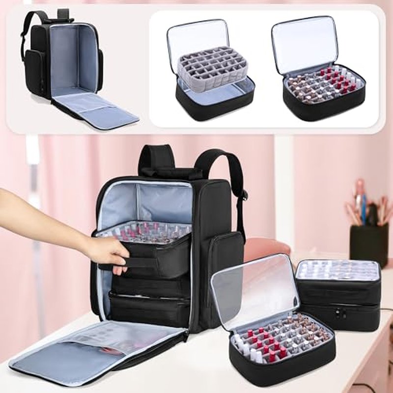 BAFASO Nail Polish Organizer Backpack Holds 105 Bottles (15ml - 0.5fl.oz) and a Nail Lamp, Nail Polish Backpack with 3 Removable Pouches and Multiple Tools Storage Pockets (Patented), Black