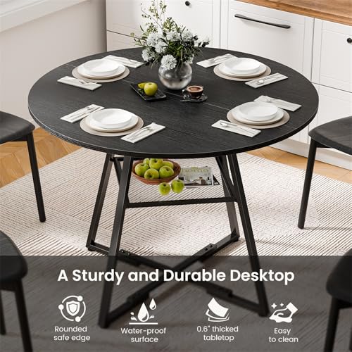 DUMOS 42-Inch Round Kitchen Dining Table with Storage - Black, Modern Design