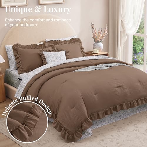 Amber Brown Queen Comforter Set with Ruffles & Floral Sheets - 7 Pieces