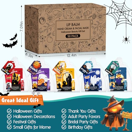 50 Pack Halloween Hand Cream, Facial Mask and Lip Balm Set, Bulk Halloween Gifts for Women, Halloween Decorations, Halloween Party Favors, Halloween Basket Stuffers and Halloween Skincare
