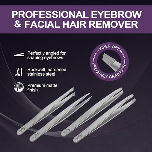 Matte Silver Fiber Tip Tweezers Set for Eyebrow & Facial Hair Removal – Men & Women
