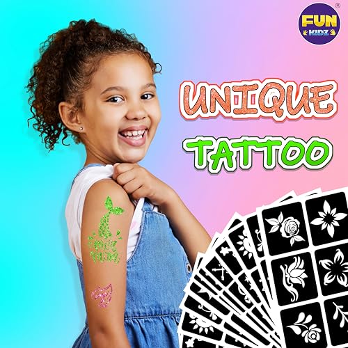 Kids Temporary Tattoo Kit with Glitter, Stencils & Body Markers - FunKidz