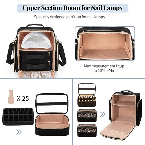 OCHEAL Nail Polish Organizer, Holds Nail Lamp and 75+ Bottles, Nail Polish Holder Case with 3 Individual Pouches Fit Manicure Tools Storage for Manicurist Travel Carrying Bag -Black