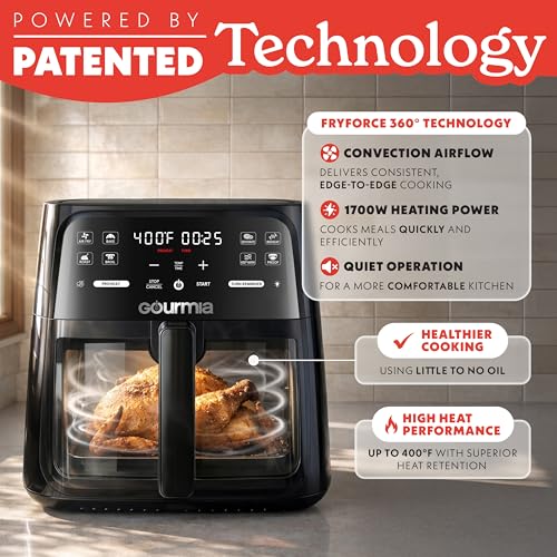 Gourmia 8 Qt Air Fryer with Viewing Window and 1700W Power, Black