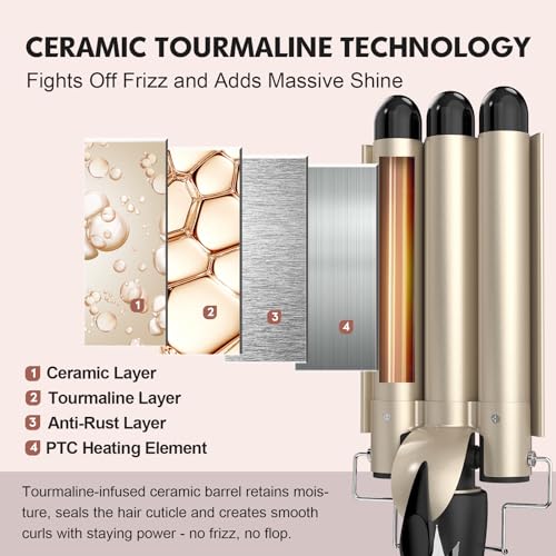 AIMERVO 1.25 Inch Hair Waver for Loose Waves, 3 Barrel Curling Iron, Adjustable Heat, Ceramic Styling Tool