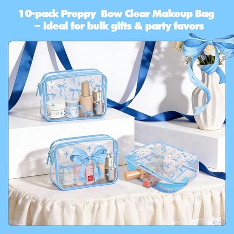 10 Blue Bow Clear Makeup Bags for Girls, TSA Large Capacity Toiletry Bags for Travel Clear PVC Waterproof Pouch with Zipper for Valentine Day Gift, Bridesmaid Wedding Bag, Birthday Party Favor