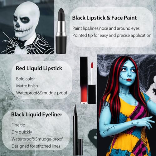 Mysense Skeleton Boy and Ragdoll Girl Makeup Kit for Halloween Jack Cosplay Sally Costume for Adults&Kids with Bald Cap,Pro-Aide Adhesive,Face Paint,Eyeliner,Lipstick&Applicators