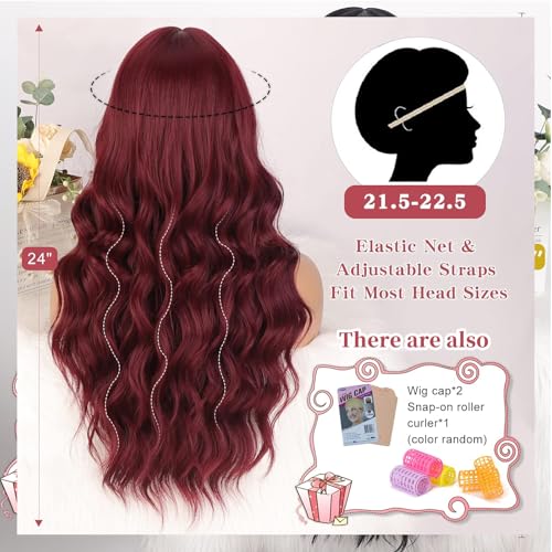 Long Wigs for Women - 24 Inch Wavy Wig with Bangs - Wine Red