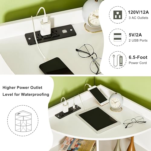VECELO White Corner Cube Shelf with USB Ports & Adjustable Shelves