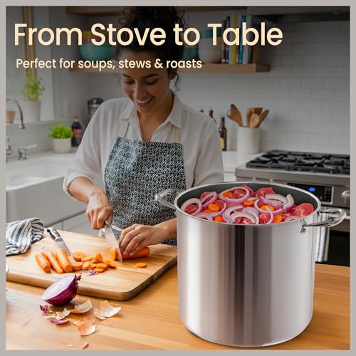 24 Quart Stainless Steel Stockpot with Tempered Glass Lid - Durable, Impact-Bonded Base