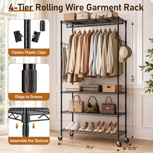 Black Rolling Clothes Rack with 4 Adjustable Shelves - Heavy Duty Portable Closet Organizer