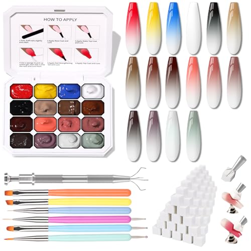 Sponges Pat Gel Nail Polish Palette, 16 Colors Blending Ombre Gel Polish Set Patting Gradient Painting Nails Art, No Wipe, UV/LED Cured, 100Sponges 6Brushes 1Grabber Tools Kit (Set 03)