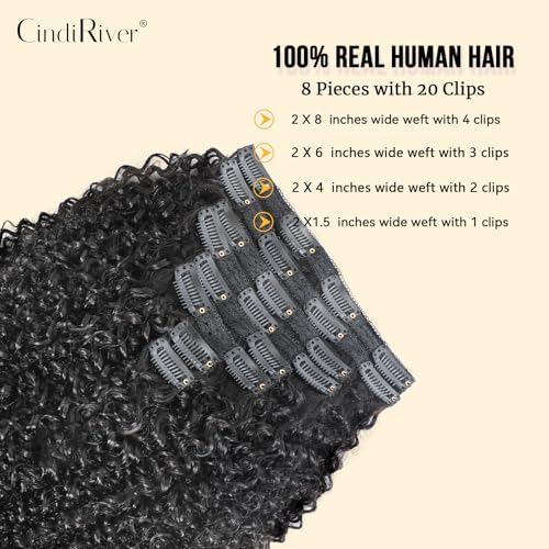 CindiRiver 22 Inch Afro Kinky Curly Clip-In Hair Extensions for Women, Remy Human Hair, #1B, 8 Pcs with 20 Clips