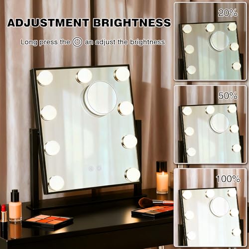Vanity Mirror with Lights, Lighted Vanity Mirror with 9 Dimmable Bulbs for Dressing Room & Bedroom, 3 Color Lighting Modes, Detachable 10x Magnification 360¡ÆRatation (Black)