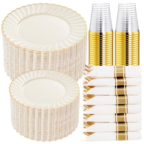 Ivory Scalloped Plastic Dinner Plates Set for Weddings - 350PCS