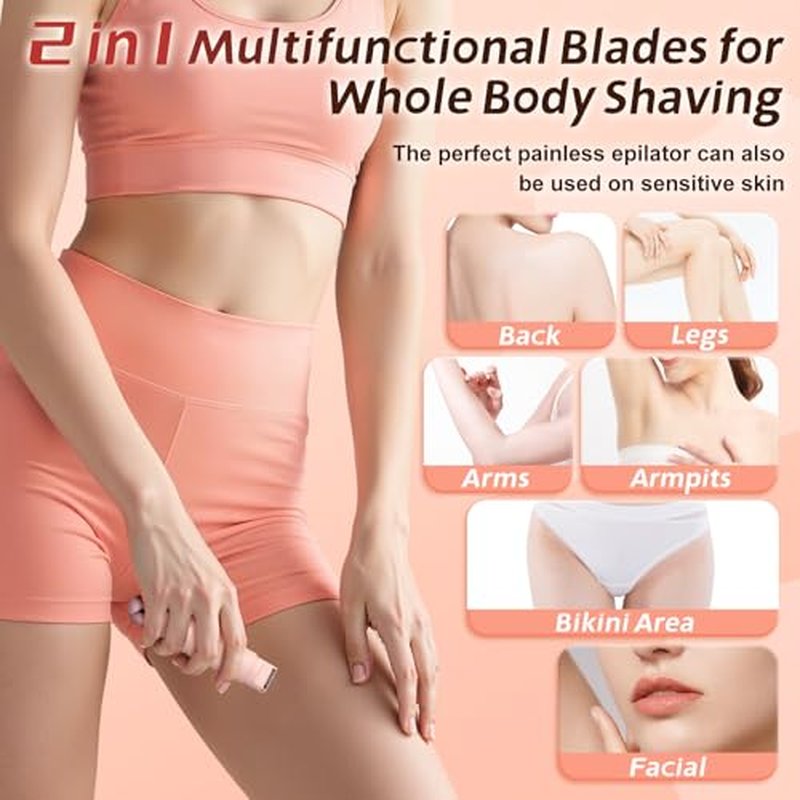 2 in1 Bikini Trimmer for Women, Dual-Head Electric Razor & Painless Hair Removal - Waterproof Cordless Lady Shaver for Body, Face Underarm, Intimate Areas, Facial Bikini Shaver (Pink)