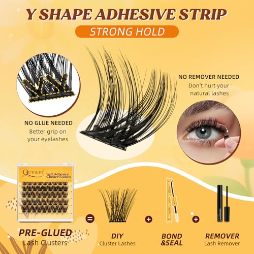 QUEWEL Self Adhesive Lash Clusters Kit, Pre Glued Eyelashes Clusters, 10-16MM Strong Hold Self Adhesive Lashes,D Curl Press On Lashes No Glue Needed DIY Lash Extensions Kit at Home(MJ05)