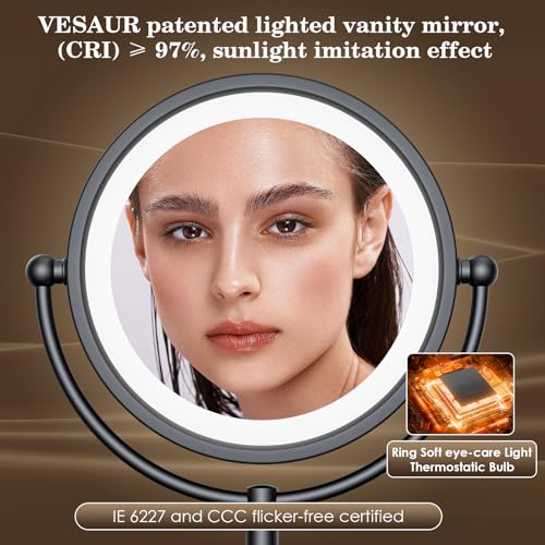 8.5-Inch Lighted Makeup Mirror with 10X Magnification, Dimmable LED Lights, Black Nickel Finish, 360° Rotation