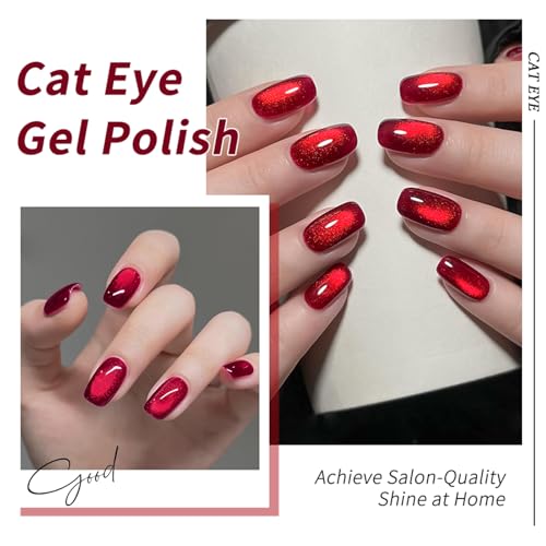 Red Gel Nail Polish Set 12ml 12-Piece Kit with Cat Eye Glitter Pearl - Variation of THIS listing