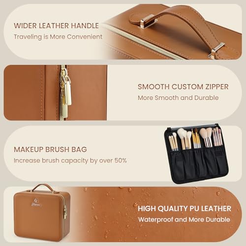 Faquenc ZS Brown Leather Makeup Bag with LED Lighted Mirror - Travel Cosmetic Organizer with Dividers
