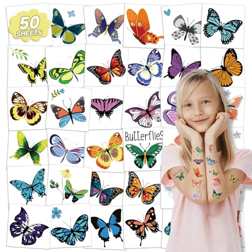 EMOME 50 Sheets Butterfly Temporary Tattoos for Girls, Individually Wrapped Tattoos for Butterfly Birthday Party Supplies Favors Decorations, Tattoos Stickers for Kids Goodie Bag Stuffers