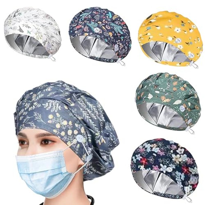 6PCS Bouffant Scrub Caps Women, Satin Lined Scrub Caps Women, Adjustable Surgical Cap for Womens, Nurse Cap with Button and Sweatband, Unisex Scrub Hats, One Size Multi Color