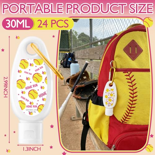 Leelosp Softball Sunscreen Keychain Set - 24 Mini SPF 30 Water-Resistant Travel Bottles, Party & Team Gift for Girls