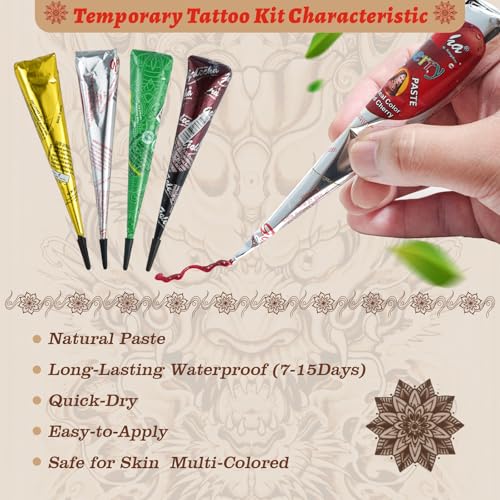 Kids & Adults Temporary Tattoo Kit with 8 Colors, Stencils & Ink - Waterproof & Safe