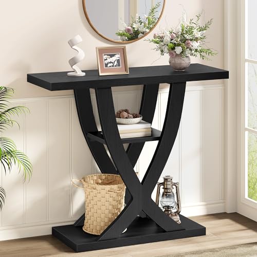 Black 31.5-Inch Entryway Console Table with 3 Shelves and X-Frame Design