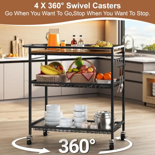 Pkuyres 29.92x17.8x33.46-Inch Heavy-Duty 3-Tier Rolling Kitchen Cart with Adjustable Shelf & Lockable Wheels
