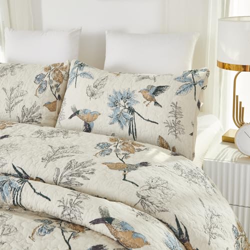 Queen Comforter Set - Birds Printing American Country Style, Beige, 3 Pieces - Variation: Queen / Country Chic