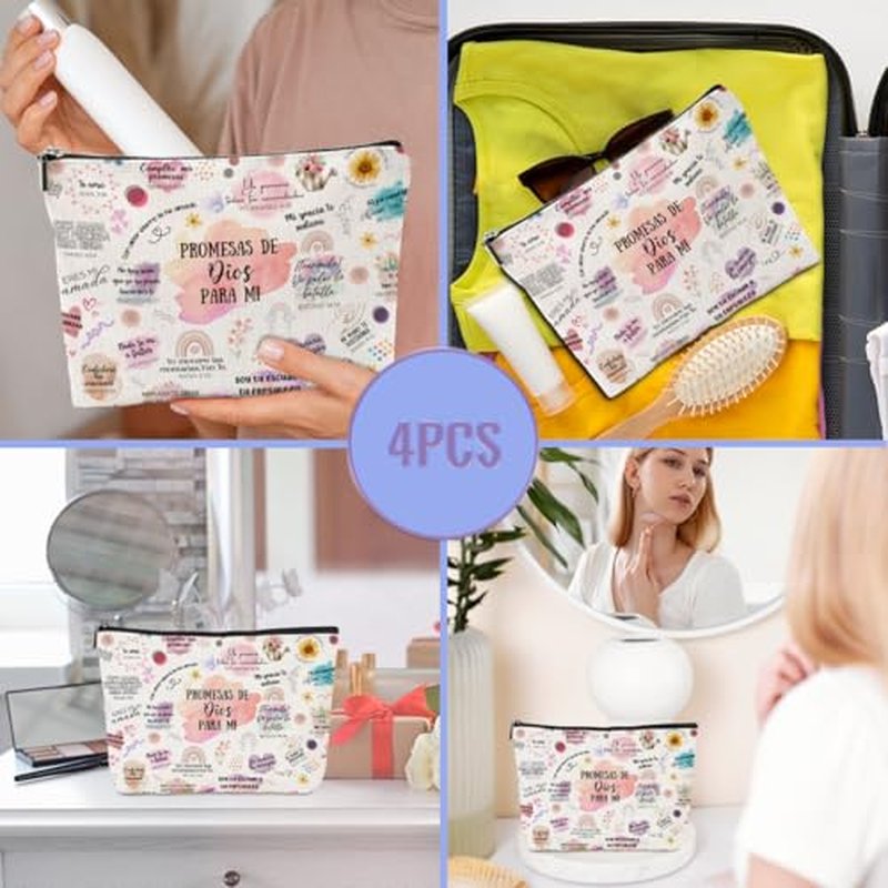 4 Piezas Vers?culos B?blicos En Espa?ol, Regalos Cristianos, Regalos Cristianos En Espa?ol, Spanish Christian Gifts for Women Pastor Wife Prayer Friend Makeup Bag Religious Gifts Faith Cosmetic Bag
