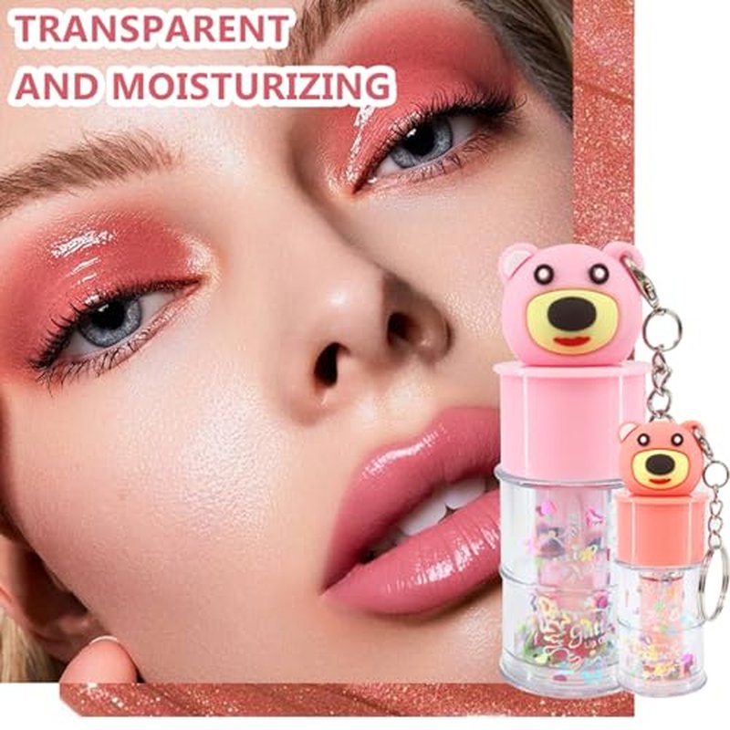 6 Pcs Hydrating Lip Gloss Set, Shimmer Glossy Moisturizing Lip Jelly Sequins and Sparkles Lip Make-Up for Women Party Gift Cute Bear Keychain Design